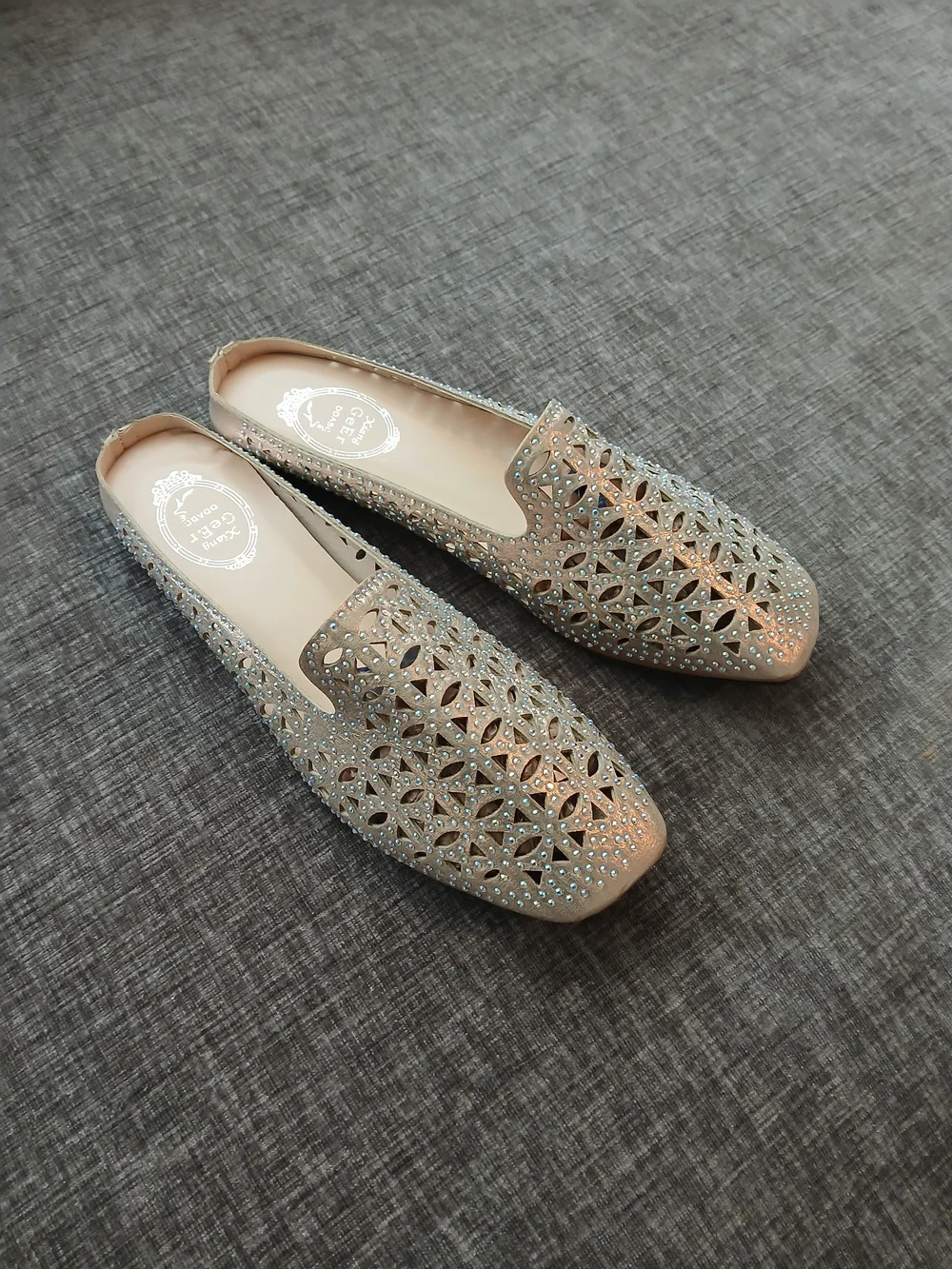 Laser-Cut Embellished Slip-On Flats in Champagne